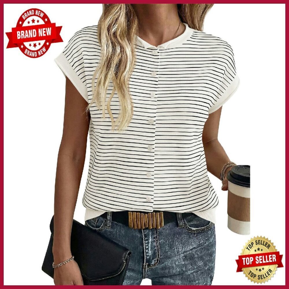 Striped Cap Sleeve Knit Sweater Vest Button Crew Neck Loose Fit